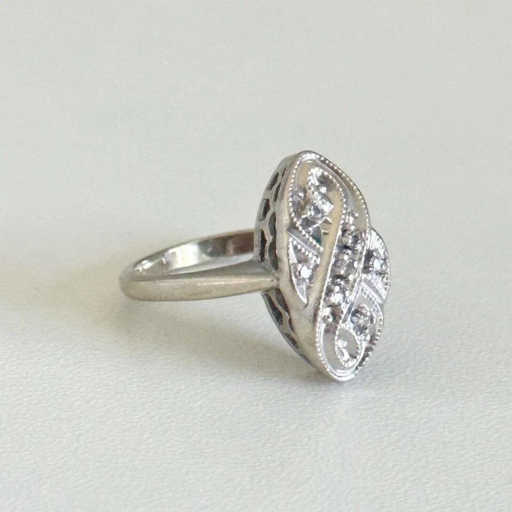 14K Solid White Gold Vintage Antique Deco Style Diamonds Band Ring Size 4.75
